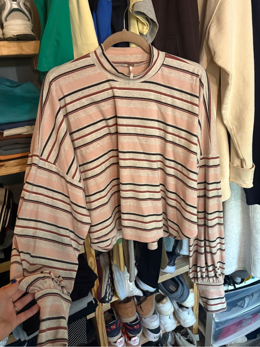 Free People Striped Cream and Pink Balloon-Sleeve Crewneck Sweater